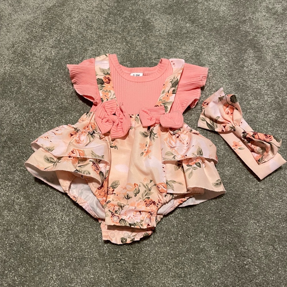 EUC Peach Floral Onesie with Headband